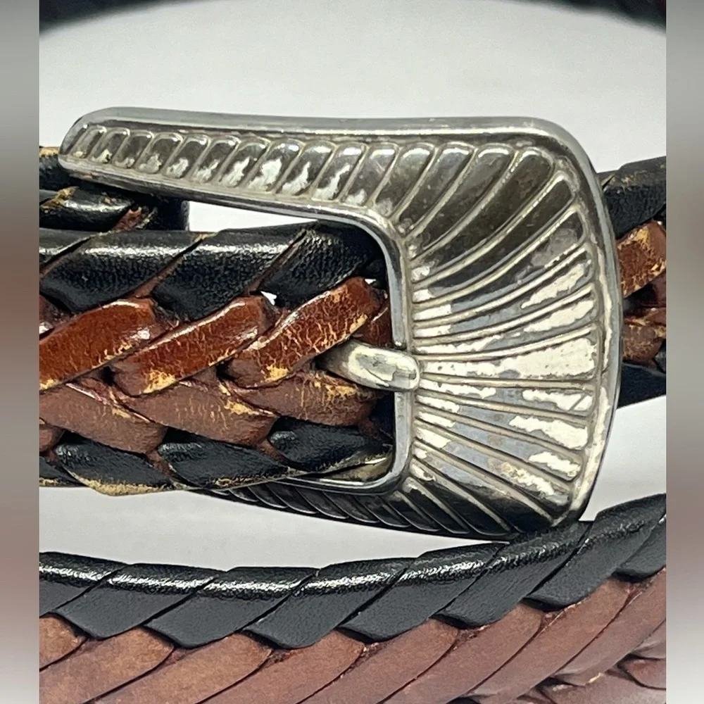 JUSTIN VINTAGE 1996 BRAIDED LEATHER BELT BROWN/ BLACK WITH SILVER BUCKLE SIZE38